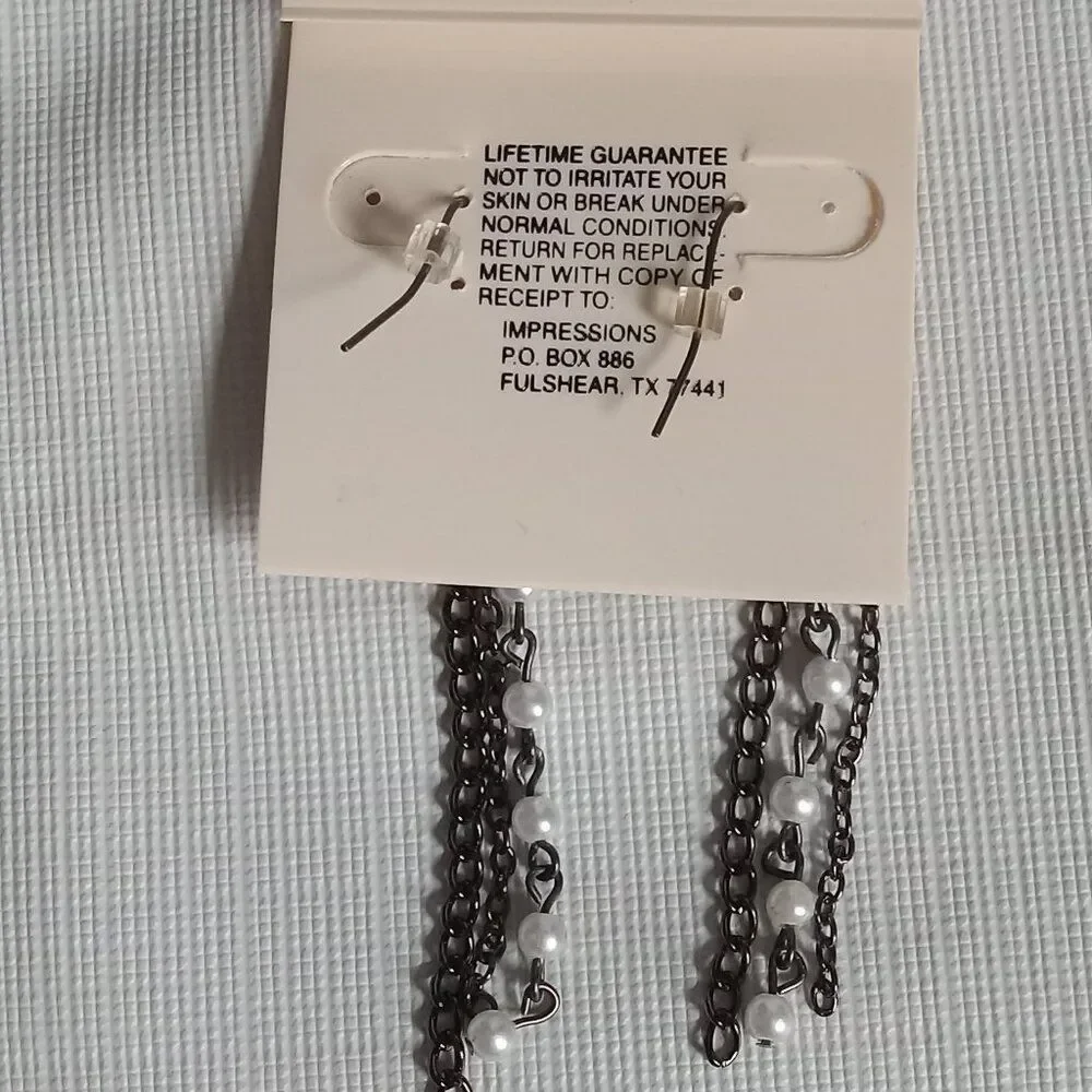 Impressions Gunmetal Gray and Silver Beaded Triple  Chain Dangle Drop Earrings